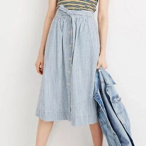 Madewell Blue Pilar Striped Tie Palisade Button Front Midi Skirt Size 2